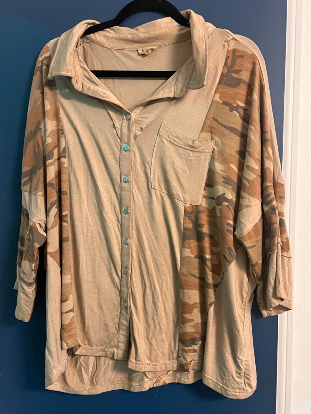POL women Tan Beige Camo-Panel Button Down Shirt